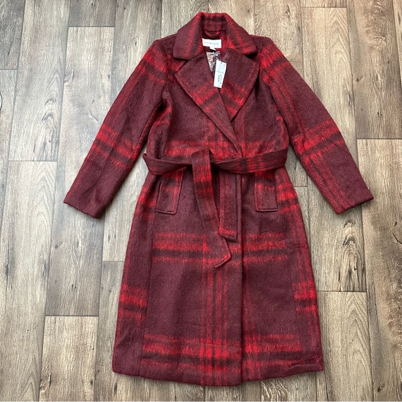 Liz Claiborne Belted Long Trench Coat Women’s Size S Red Plaid - Picture 1 of 12